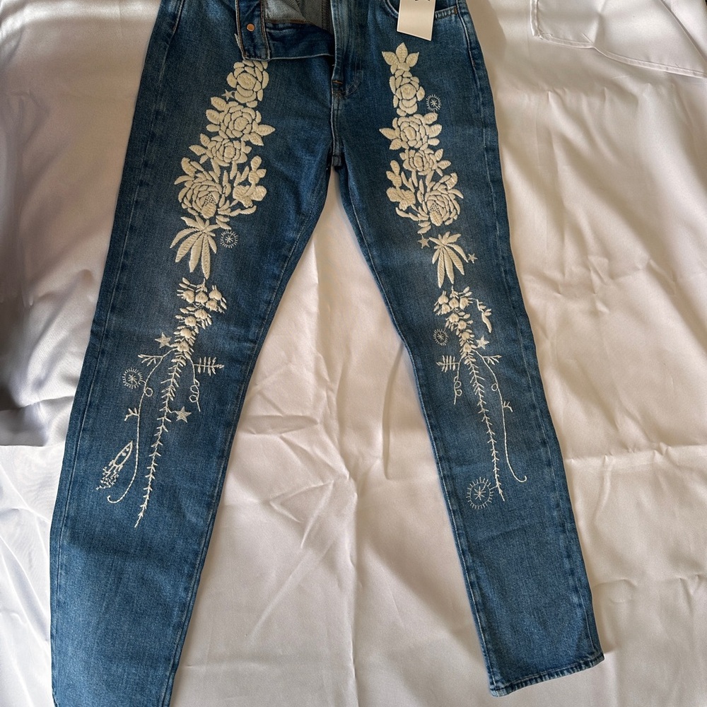 7 For All Mankind Blue Straight Leg Jeans with Intricate Embroidery
